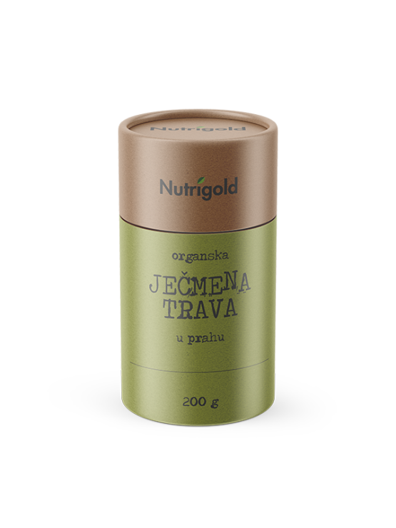 Nutrigold organic barley grass powder in a cylinder shaped packaging of 200g