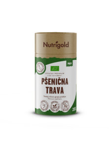 Nutrigold organic wheatgrass powder in green cardboard cylinder shaped packaging of 200g