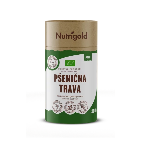 Nutrigold organic wheatgrass powder in green cardboard cylinder shaped packaging of 200g