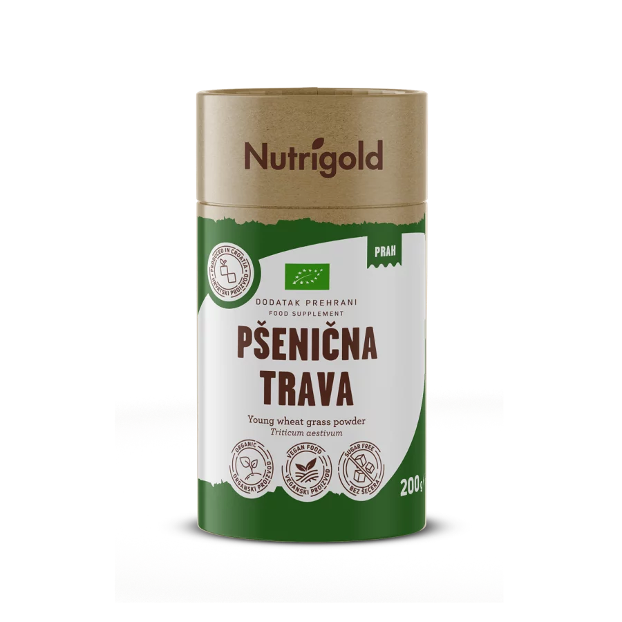 Nutrigold organic wheatgrass powder in green cardboard cylinder shaped packaging of 200g