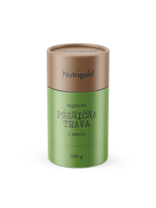 Nutrigold organic wheatgrass powder in green cardboard cylinder shaped packaging of 200g