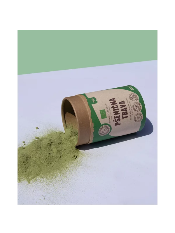 Nutrigold organic wheatgrass powder in green cardboard cylinder shaped packaging of 200g