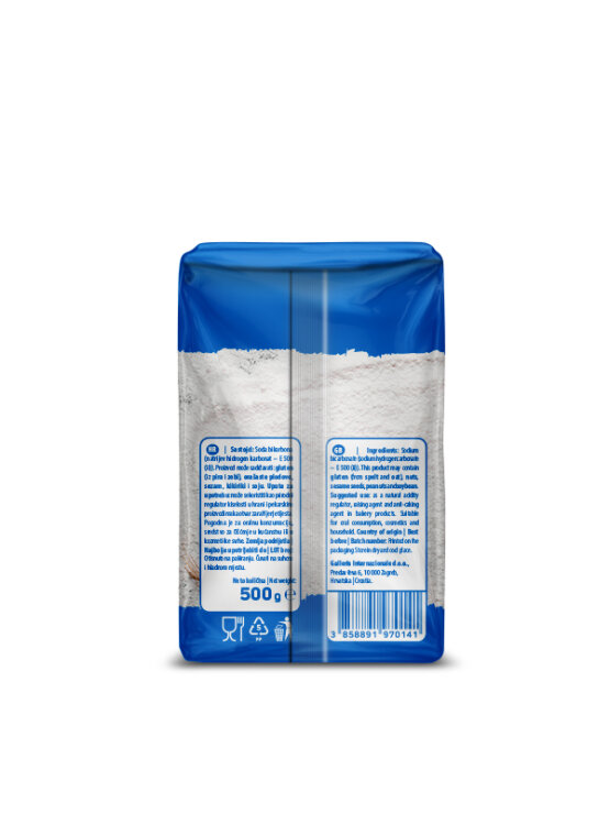 Nutrigold aluminium-free baking soda in a transparent packaging of 500g