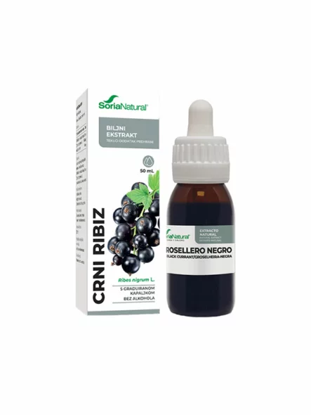 Soria Natural blackcurrant drops in a 50ml glass bottle with a dropper