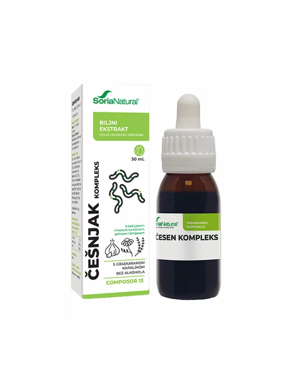 Soria Natural garlic drops natural complex in a 50ml glass bottle with a dropper