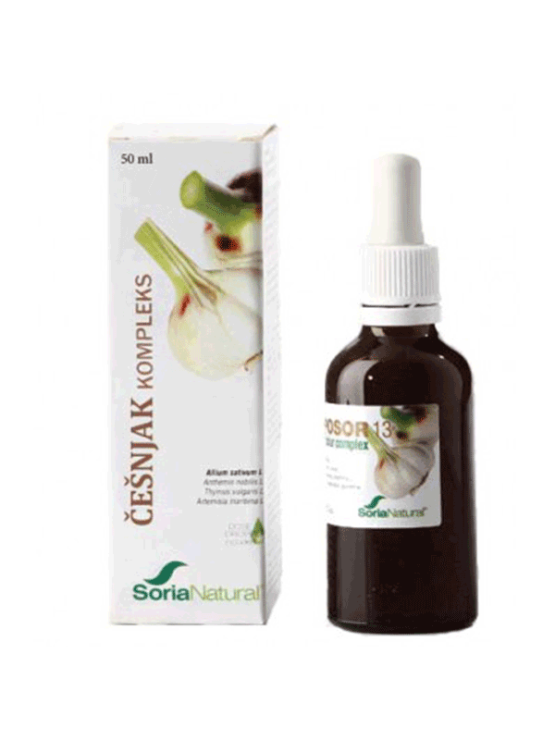 Soria Natural garlic drops natural complex in a 50ml glass bottle with a dropper