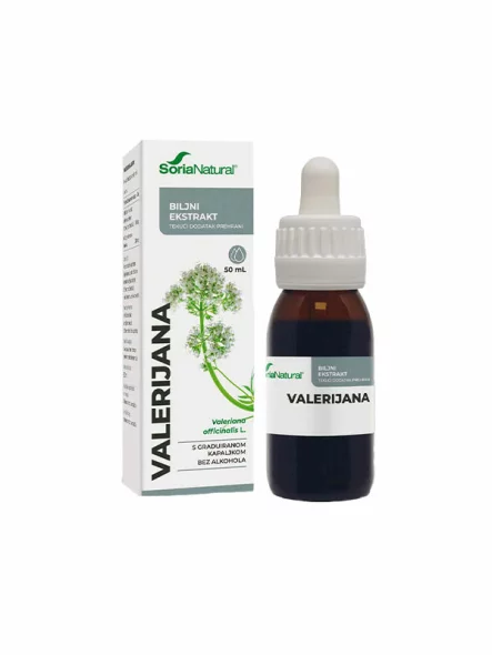 Soria Natural valerian drops in a 50ml glass bottle with a dropper