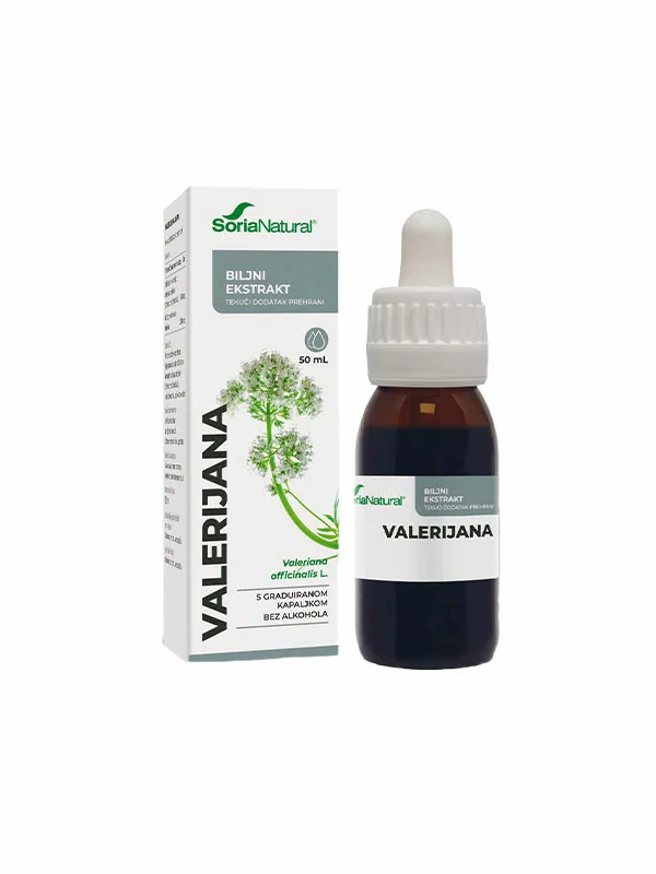 Soria Natural valerian drops in a 50ml glass bottle with a dropper