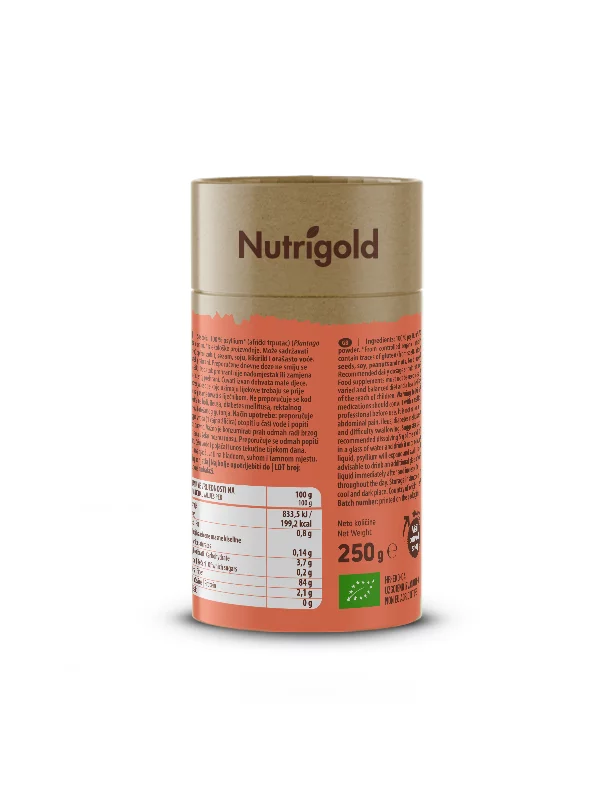 Nutrigold organic psyllium powder in cylinder shaped cardboard packaging of 250g