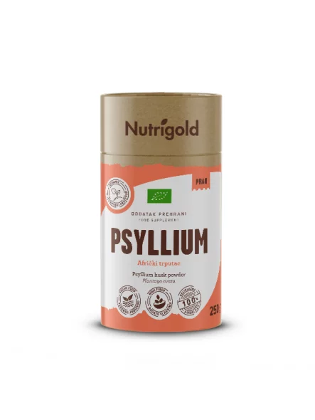 Nutrigold organic psyllium powder in cylinder shaped cardboard packaging of 250g
