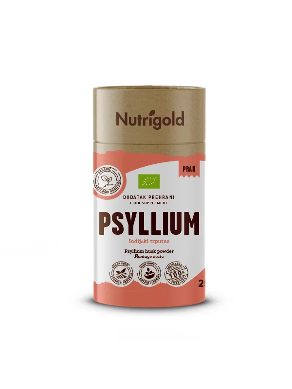 Nutrigold organic psyllium powder in cylinder shaped cardboard packaging of 250g