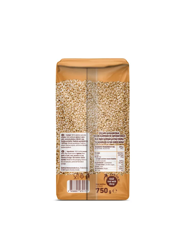 Nutrigold sesame seeds in a transparent packaging of 750g