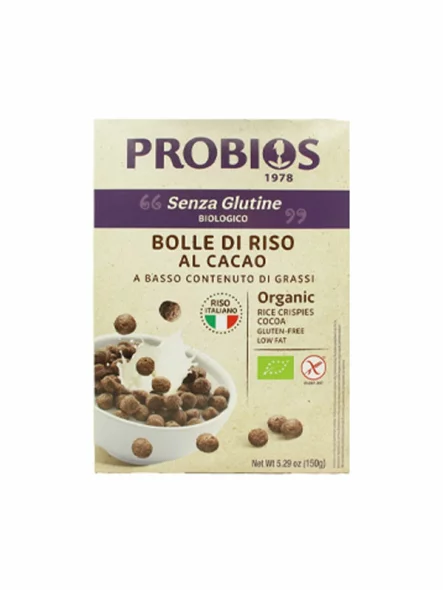 Probios organic cocoa rice crispies in a packaging of 150g