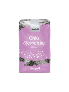 Nutrigold chia seeds in a purple plastic bag of 1000g