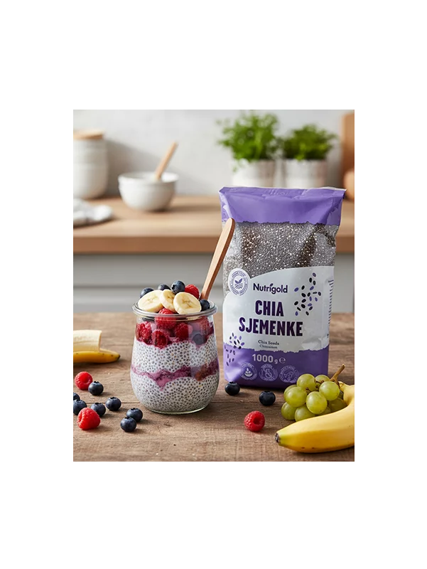 Nutrigold chia seeds in a purple plastic bag of 1000g
