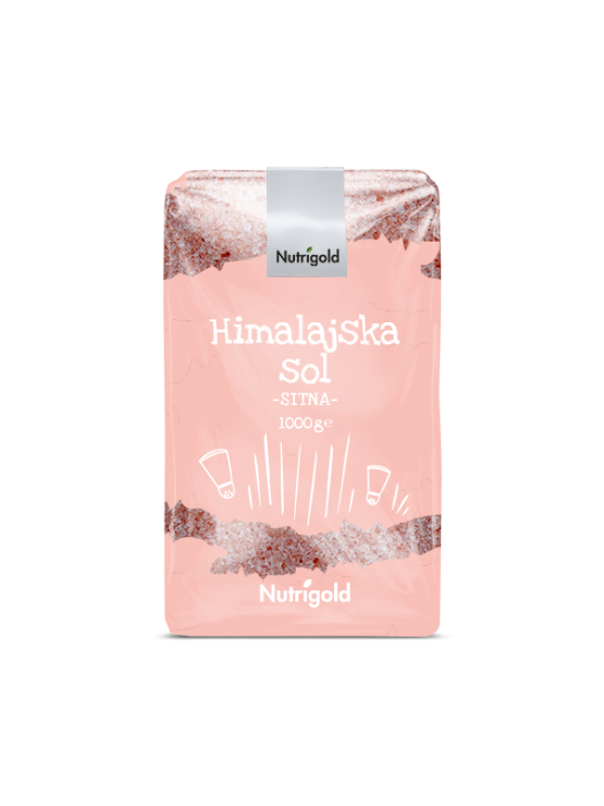 Nutrigold finely ground Himalayan salt in a transparent packaging of 1000g
