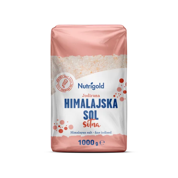 Nutrigold finely ground Himalayan salt in a transparent packaging of 1000g