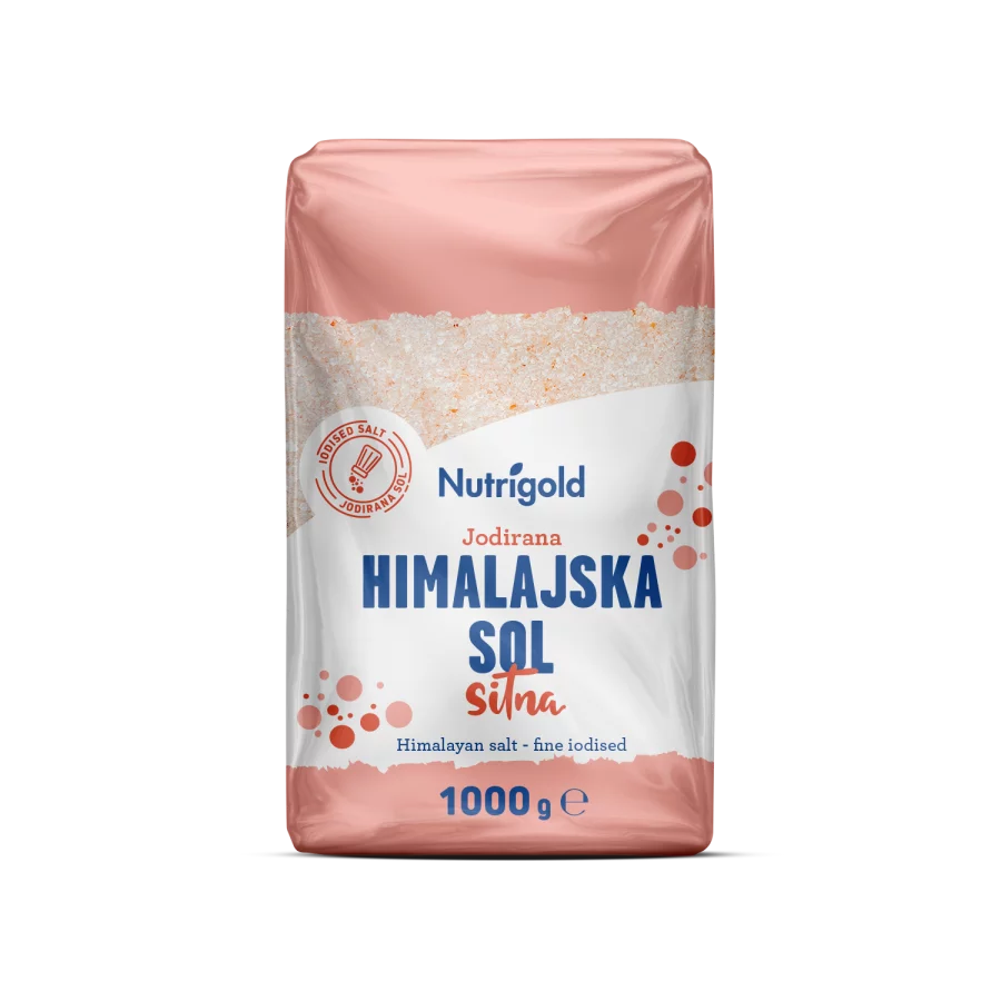 Nutrigold finely ground Himalayan salt in a transparent packaging of 1000g