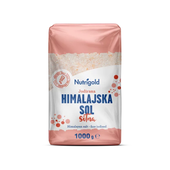 Nutrigold finely ground Himalayan salt in a transparent packaging of 1000g