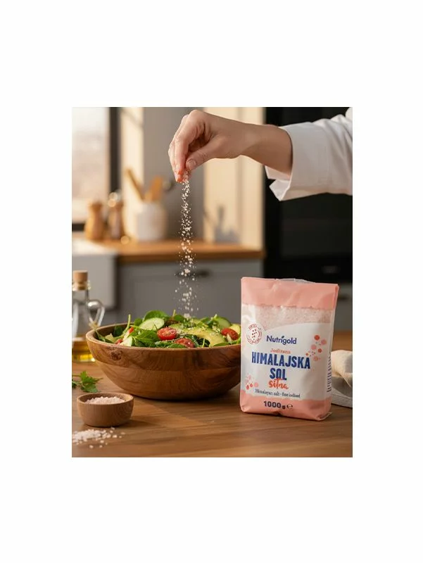 Nutrigold finely ground Himalayan salt in a transparent packaging of 1000g