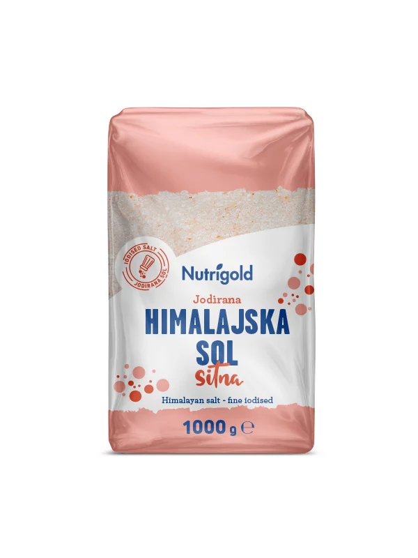 Nutrigold finely ground Himalayan salt in a transparent packaging of 1000g