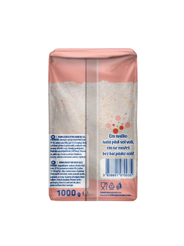Nutrigold finely ground Himalayan salt in a transparent packaging of 1000g