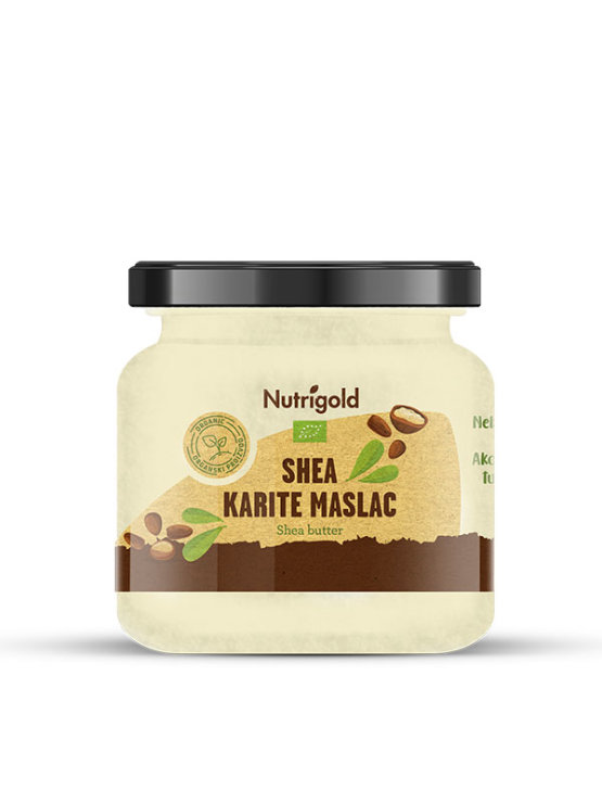 Nutrigold organic shea butter in a glass jar of 250g