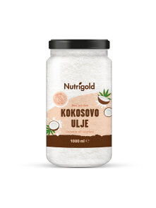Nutrigold odourless coconut oil in a glass jar of 1000ml