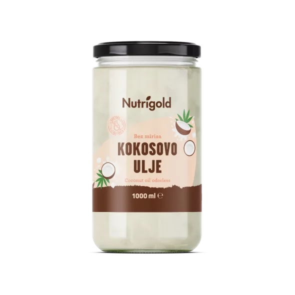 Nutrigold odourless coconut oil in a glass jar of 1000ml