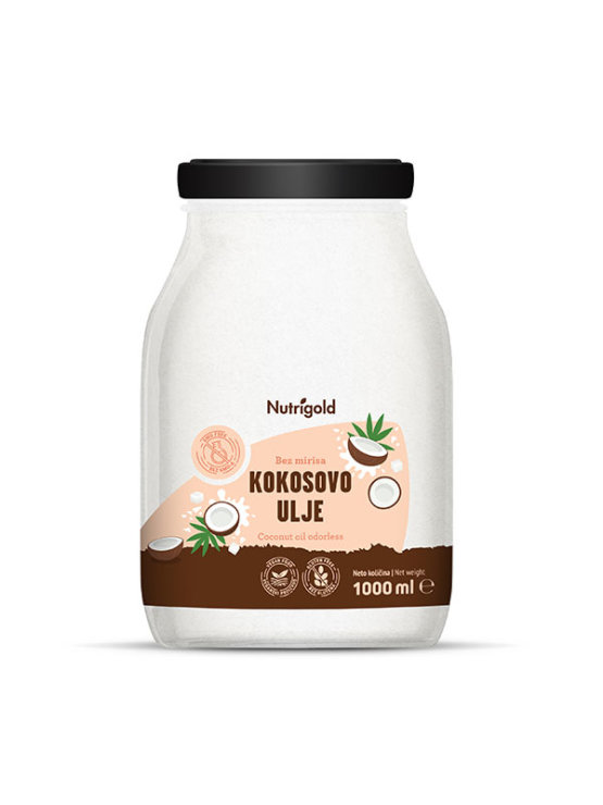 Nutrigold odourless coconut oil in a glass jar of 1000ml