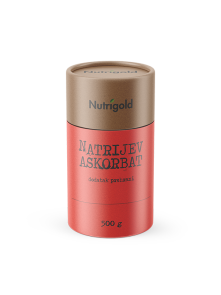 Nutrigold sodium ascorbate powder in red cardboard cylinder shaped packaging of 500g