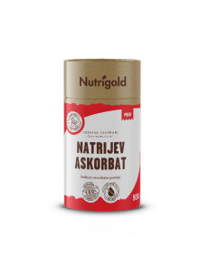 Nutrigold sodium ascorbate powder in red cardboard cylinder shaped packaging of 500g