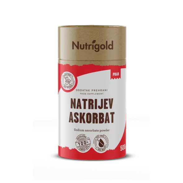 Nutrigold sodium ascorbate powder in red cardboard cylinder shaped packaging of 500g