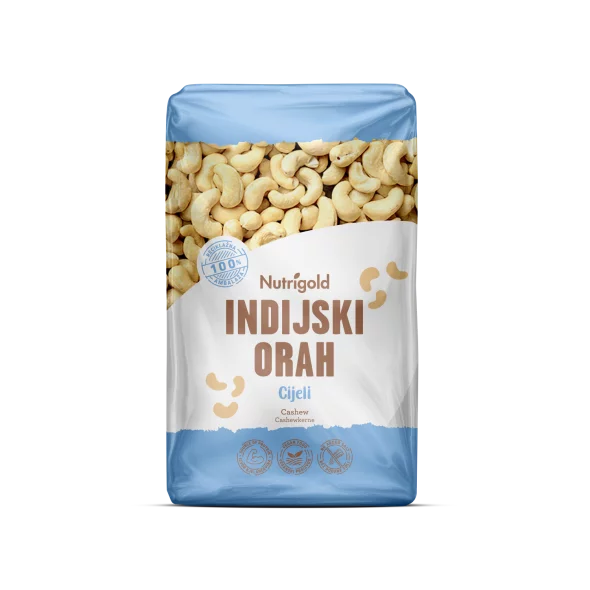 Nutrigold organic whole raw cashews in a packaging of 1000g
