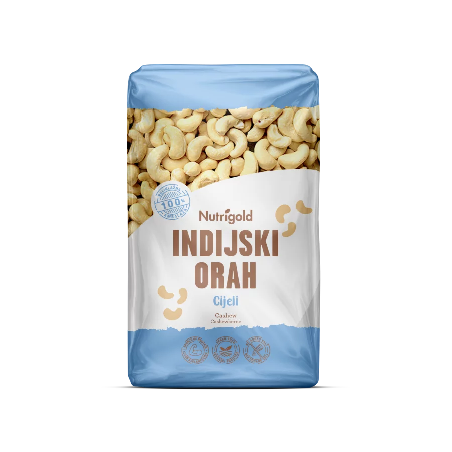 Nutrigold organic whole raw cashews in a packaging of 1000g