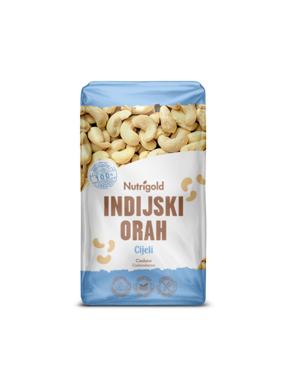 Nutrigold organic whole raw cashews in a packaging of 1000g