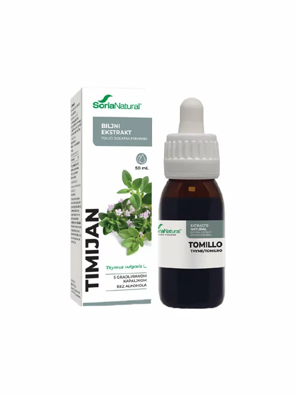 Soria Natural thyme drops in a 50ml glass bottle with a dropper