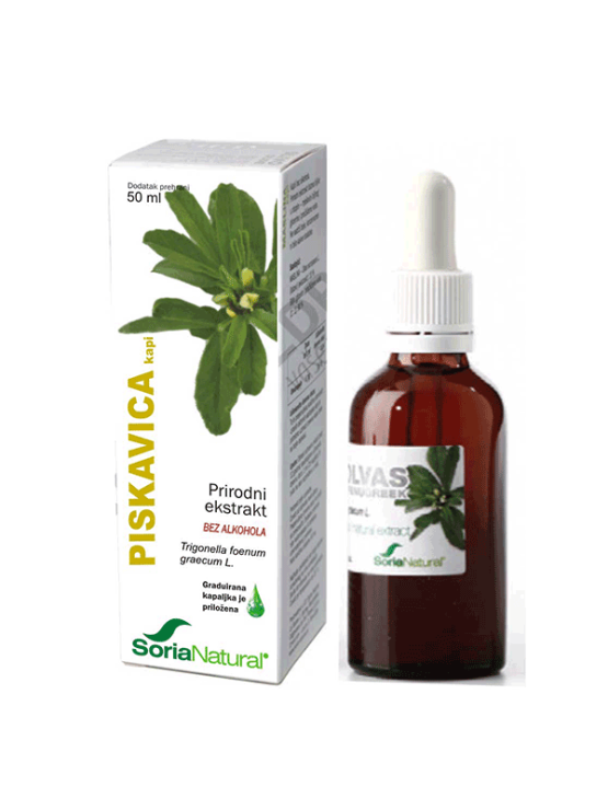 Soria Natural fenugreek drops in a 50ml glass bottle with a dropper