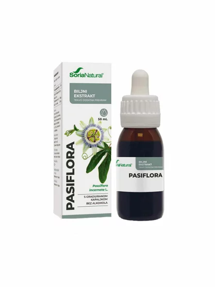 Soria Natural passionflower drops in a 50ml glass bottle with a dropper