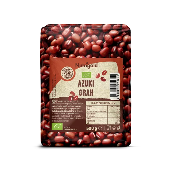 Nutrigold azuki beans, ecologically cultivated in a transparent packaging of 500 grams