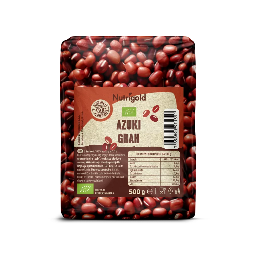 Nutrigold azuki beans, ecologically cultivated in a transparent packaging of 500 grams