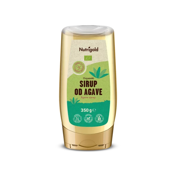 Nutrigold organic agave syrup in a plastic squeeze bottle of 350g