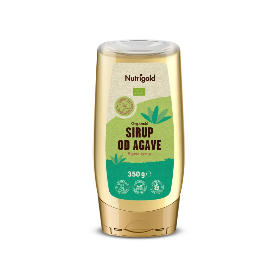 Nutrigold organic agave syrup in a plastic squeeze bottle of 350g