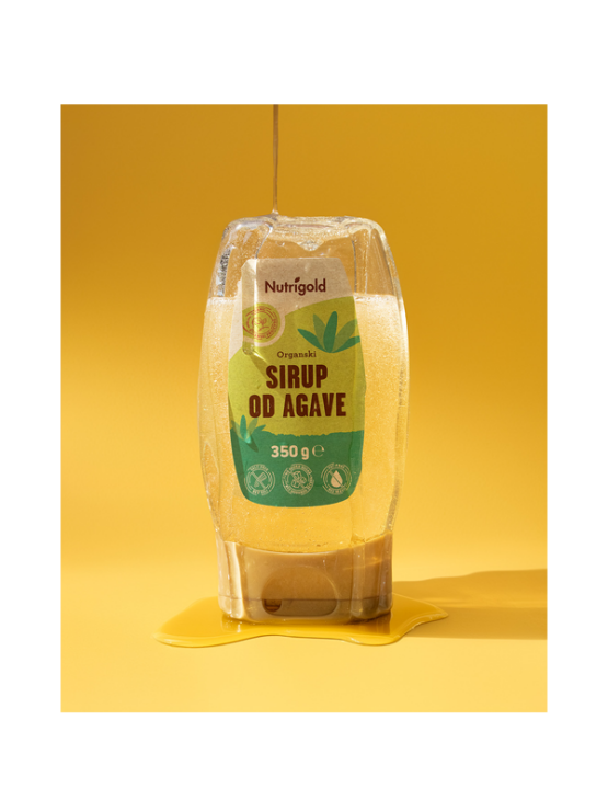Nutrigold organic agave syrup in a plastic squeeze bottle of 350g